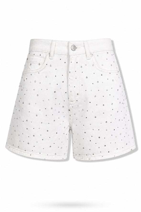 Ekru Taşlı Denim Şort 1020