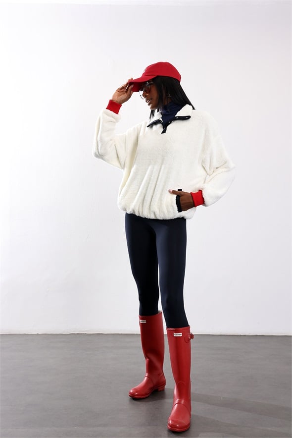Ekru Teddy Nakışlı Polar Sweatshirt 2721