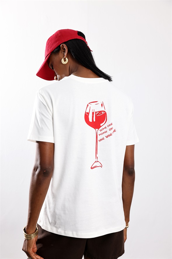 Ekru Wine Not Baskılı Tişört 8615