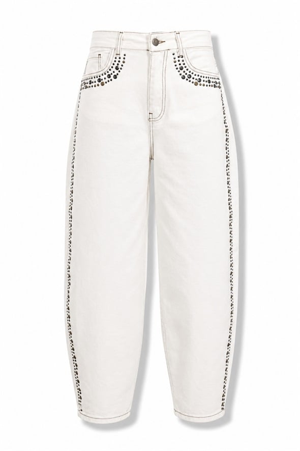 Ekru Yanları Zımba Detaylı Jean 18248