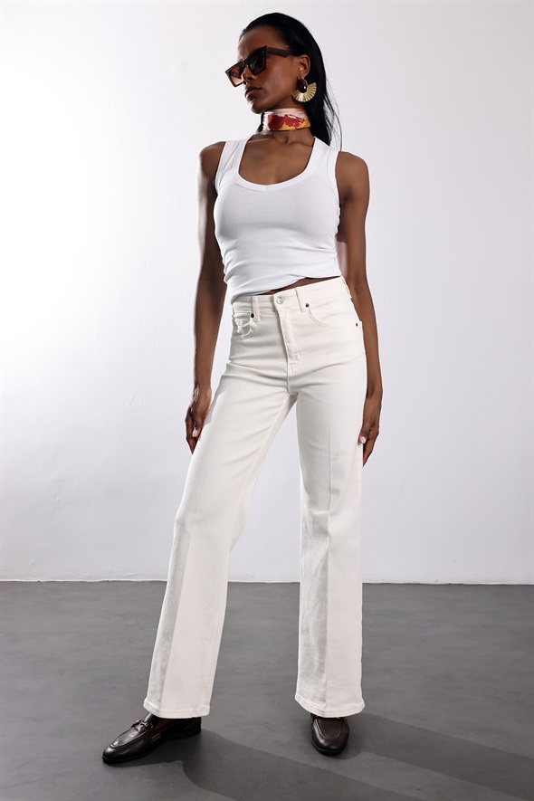 Ekru Yüksek Bel Wide Leg Jean 