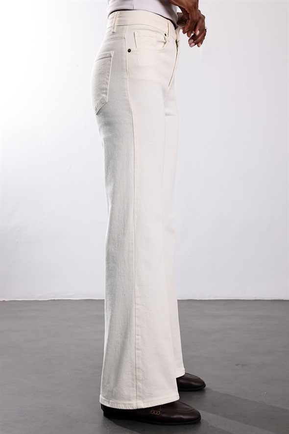 Ekru Yüksek Bel Wide Leg Jean 