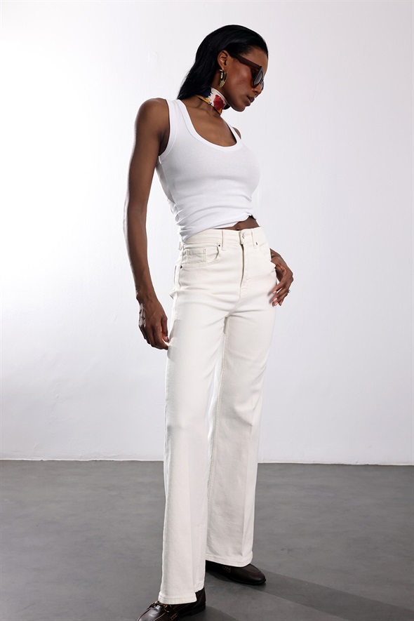 Ekru Yüksek Bel Wide Leg Jean 