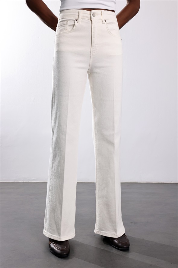 Ekru Yüksek Bel Wide Leg Jean 