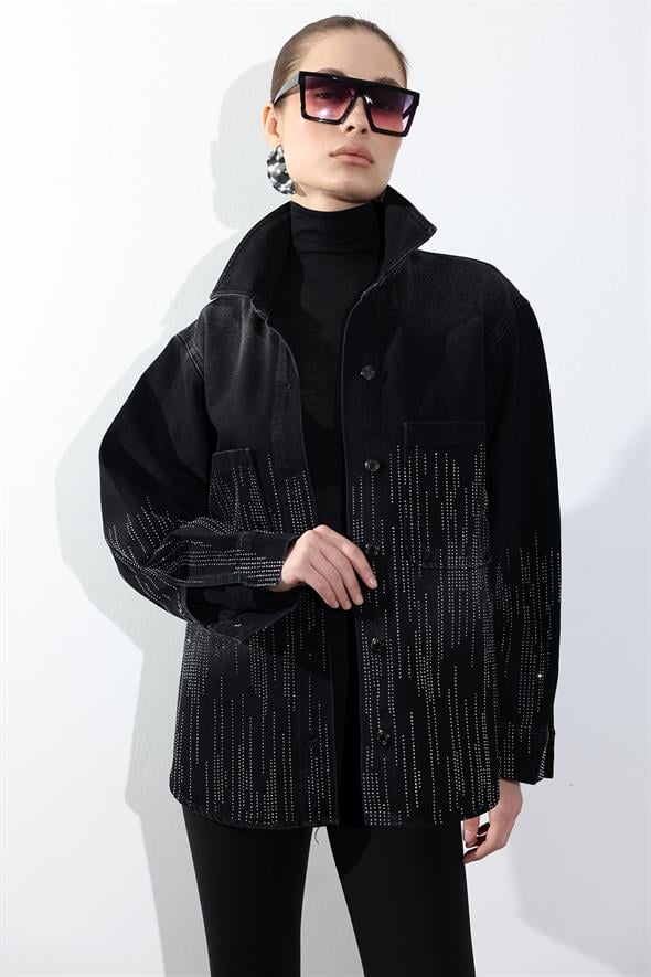 Füme Taş İşlemeli Denim Ceket 5103