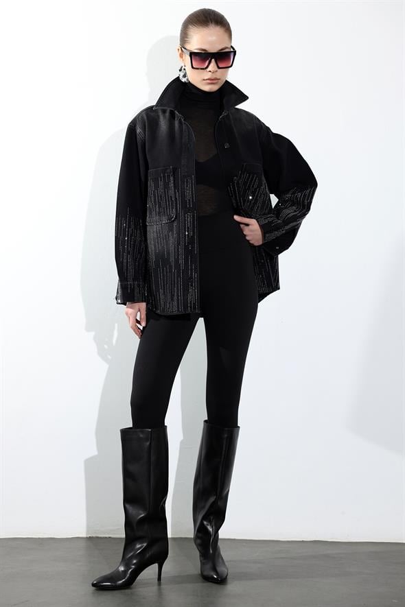 Füme Taş İşlemeli Denim Ceket 5103