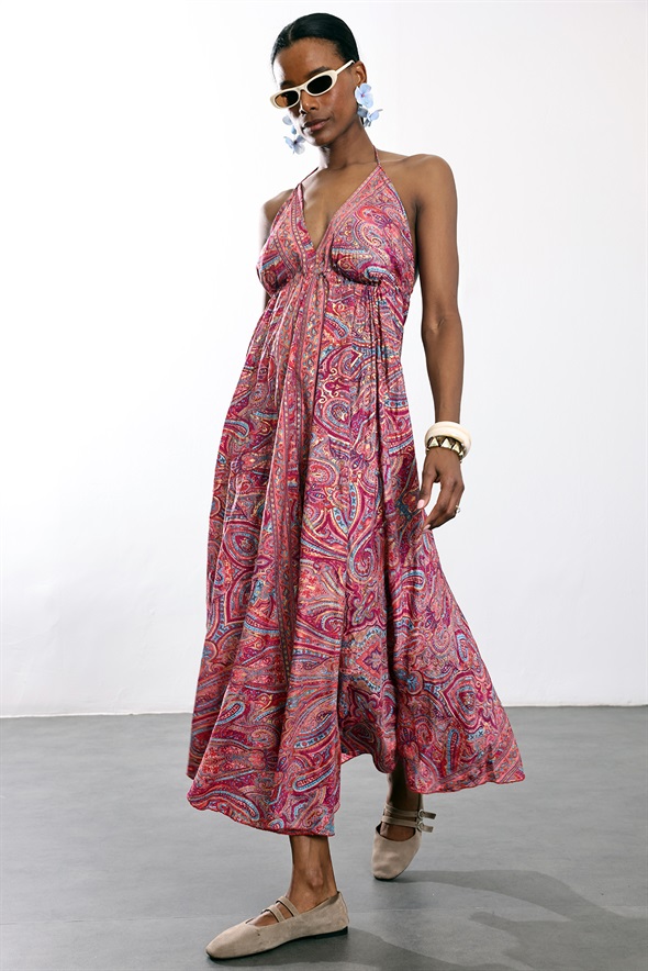 Fuşya Şal Desenli Maxi Boy Elbise 39619