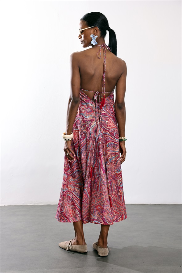 Fuşya Şal Desenli Maxi Boy Elbise 39619