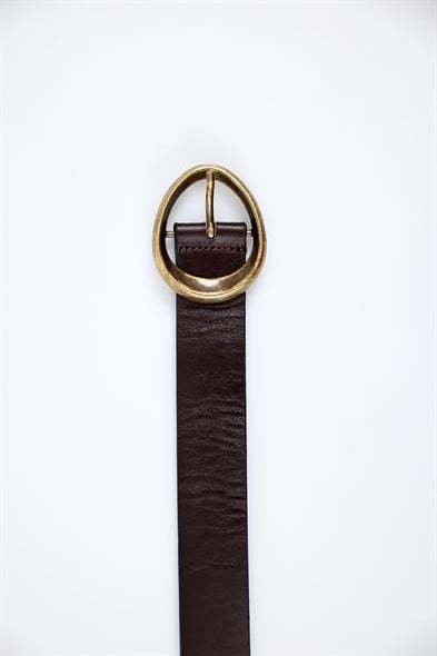 Gold Oval Tokalı Acı Kahve Deri Kemer 