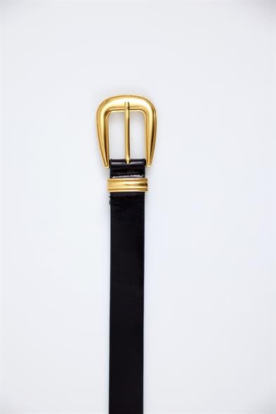 Gold Vintage Tokalı Siyah Deri Kemer 