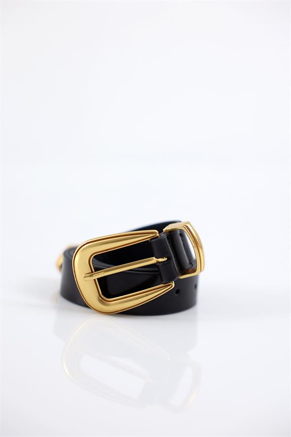 Gold Vintage Tokalı Siyah Deri Kemer 