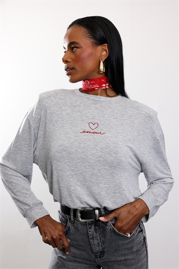Gri Amour Yazı Nakışlı Vatkalı Bluz 18075
