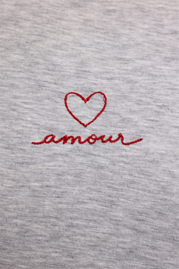 Gri Amour Yazı Nakışlı Vatkalı Bluz 18075