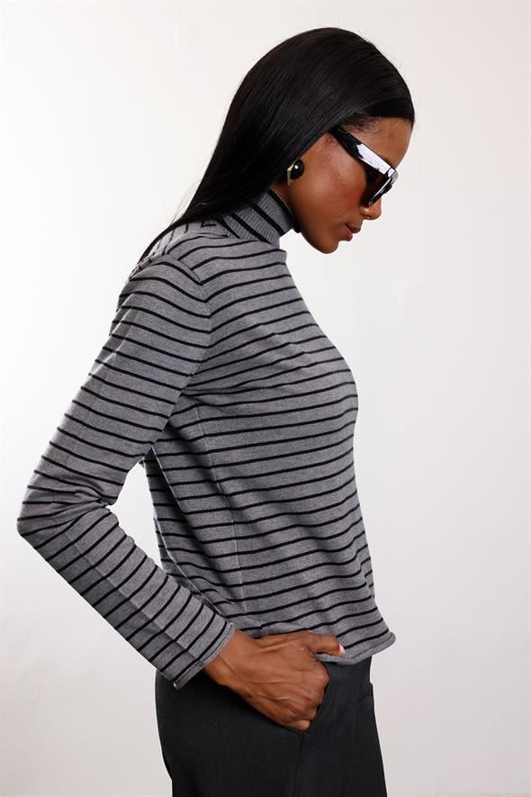 Gri Balıkçı Yaka Çizgili Triko 261002