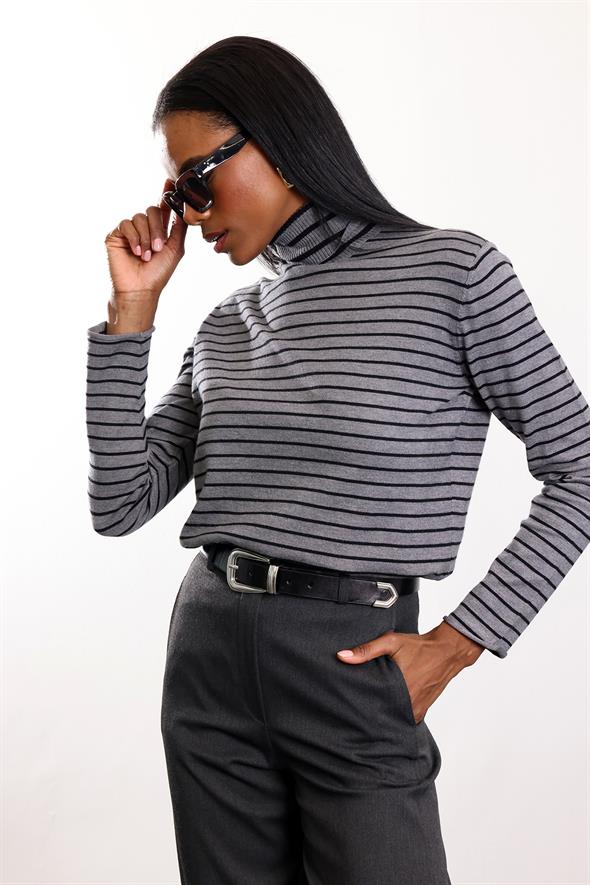 Gri Balıkçı Yaka Çizgili Triko 261002
