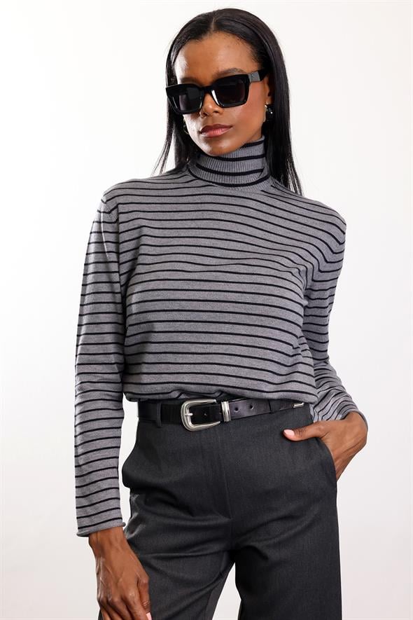 Gri Balıkçı Yaka Çizgili Triko 261002