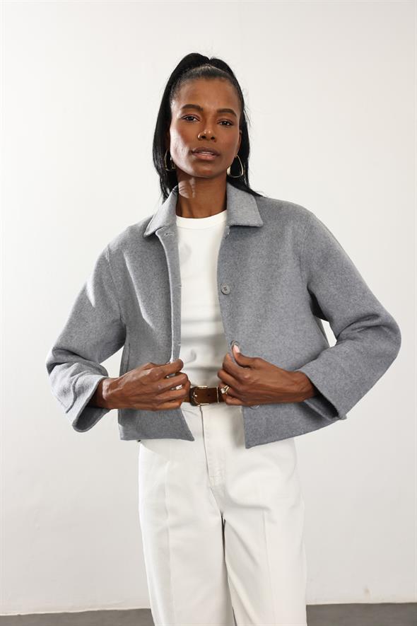 Gri Gömlek Yaka Kısa Yün Ceket 