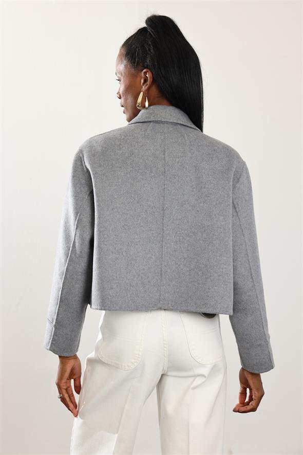 Gri Gömlek Yaka Kısa Yün Ceket 
