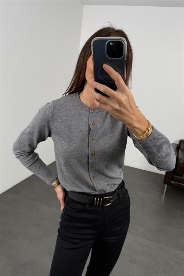 Gri Kemik Düğmeli Lyocell İplik Hırka 