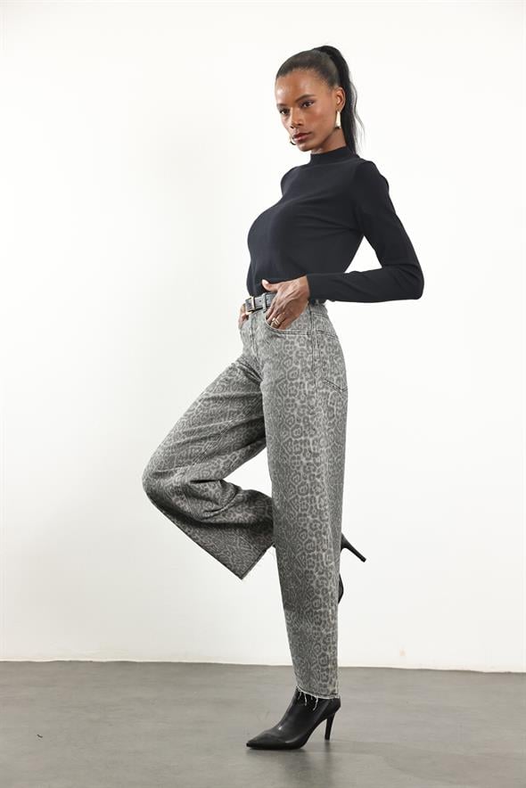 Gri Leopar Desen Pullu Wide Leg Jean 