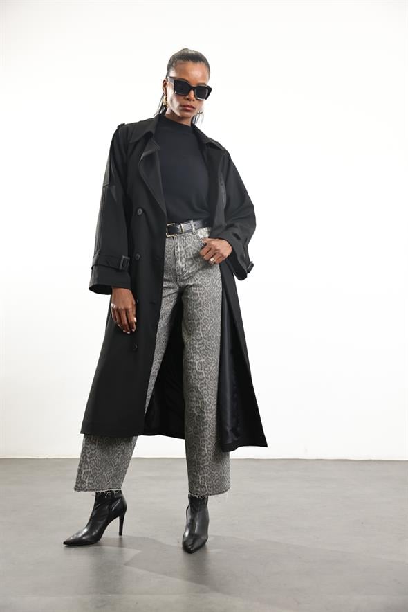Gri Leopar Desen Pullu Wide Leg Jean 