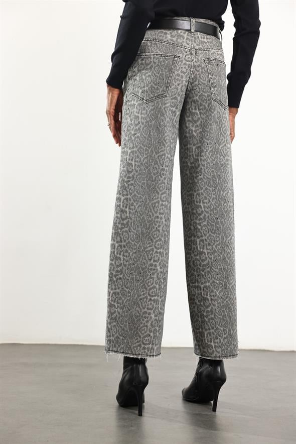 Gri Leopar Desen Pullu Wide Leg Jean 