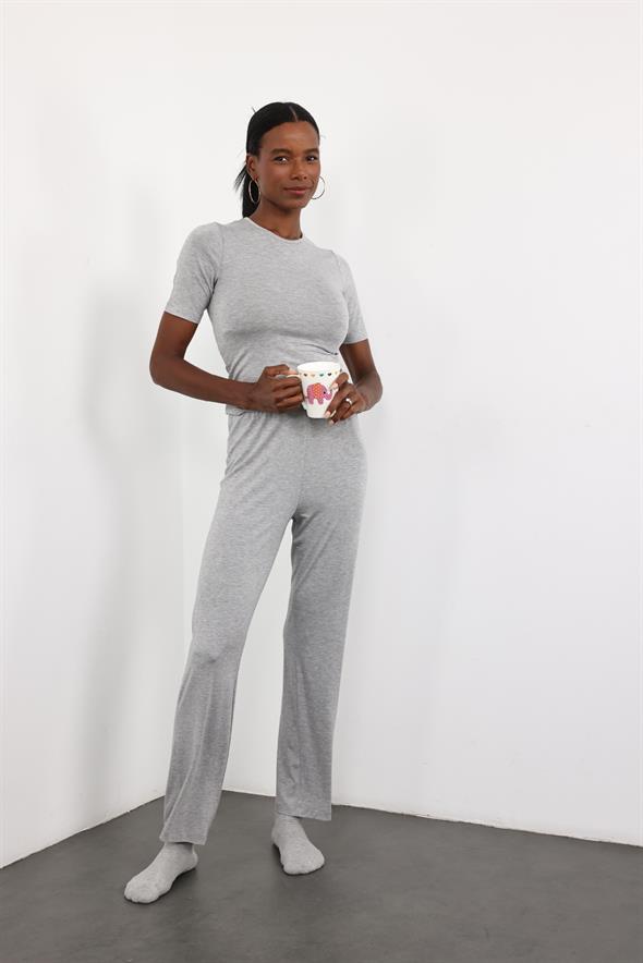 Gri Melanj Dökümlü Yumuşak Pijama Takım 