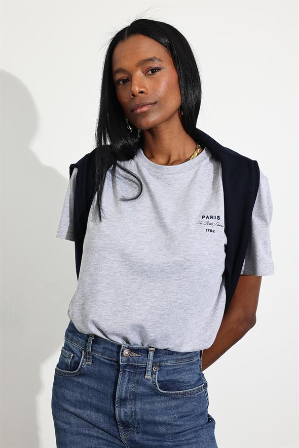 Gri Melanj Paris Tişört 