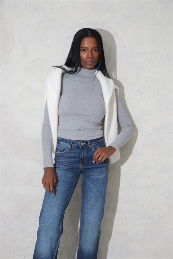 Gri Melanj Soft Touch Bambu Dik Yaka Tişört 