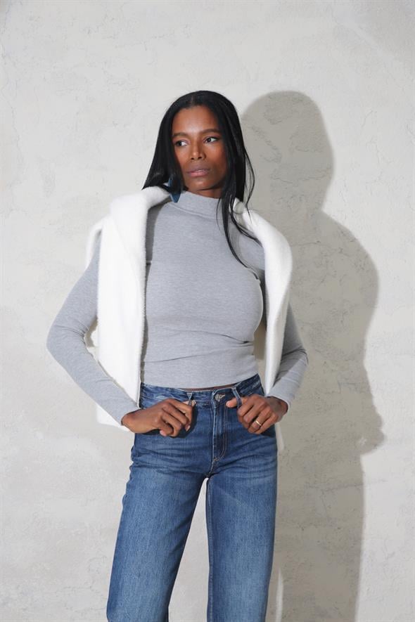 Gri Melanj Soft Touch Bambu Dik Yaka Tişört 