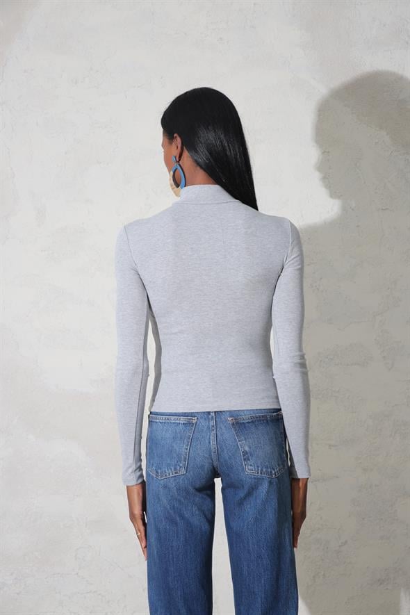 Gri Melanj Soft Touch Bambu Dik Yaka Tişört 