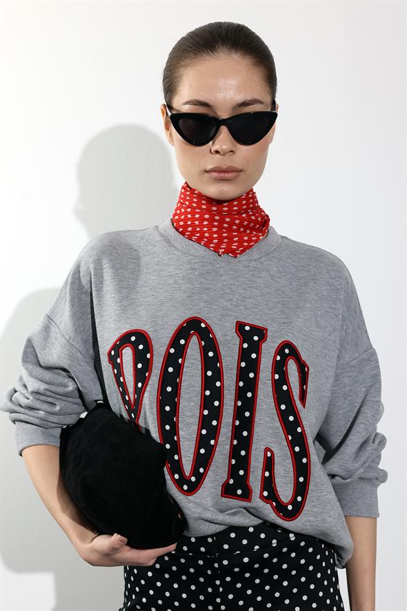 Gri Pois Yazı Baskılı Sweatshirt 01451