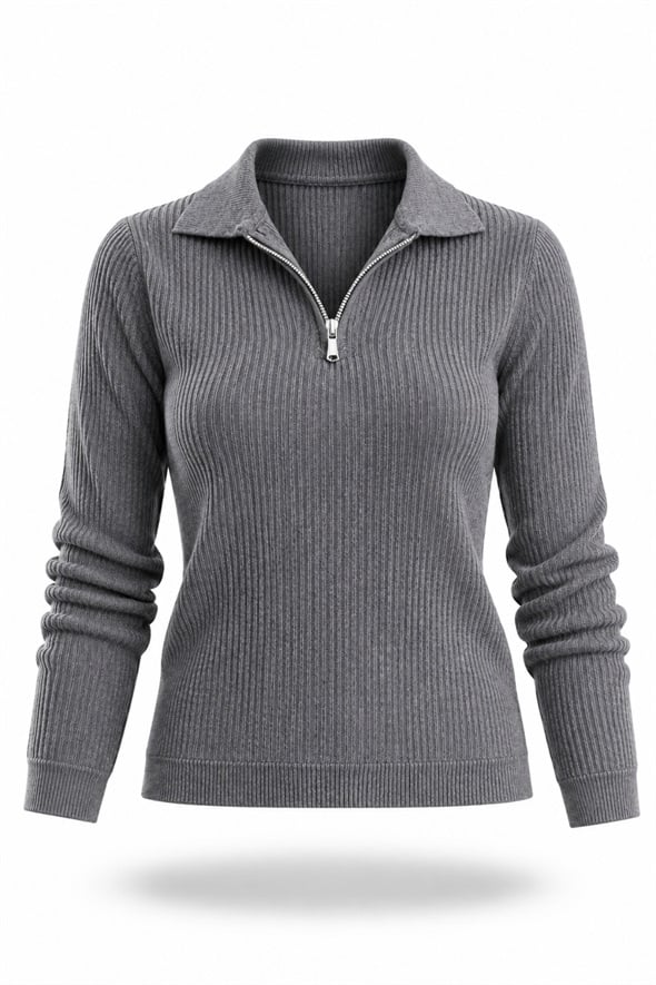 Gri Polo Yaka Fermuarlı Fitilli Triko 5668