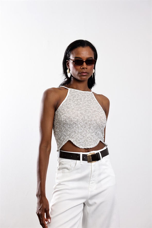 Gri Pullu Halter Yaka Bluz 071902