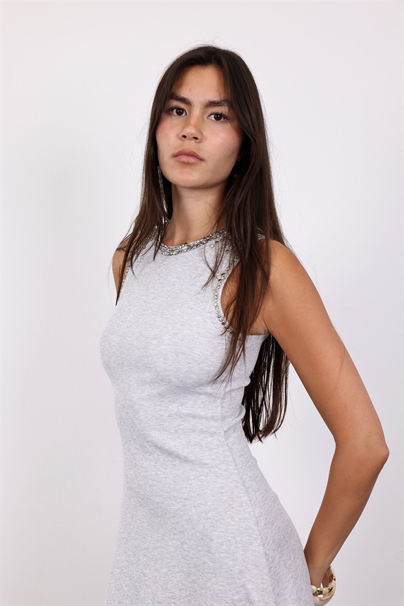 Gri Taş İşlemeli Midi Boy Elbise 18457