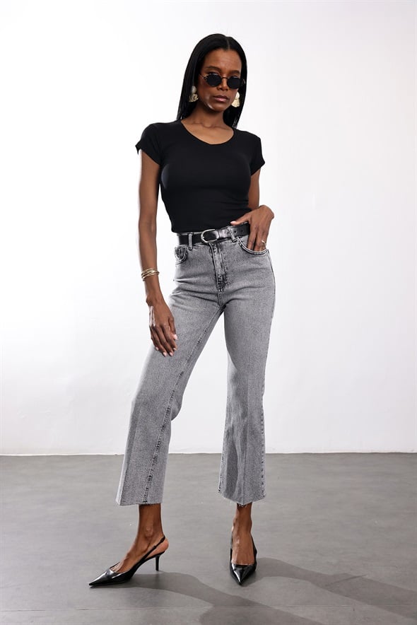 Gri Yüksek Bel Mini Flare Jean 2005