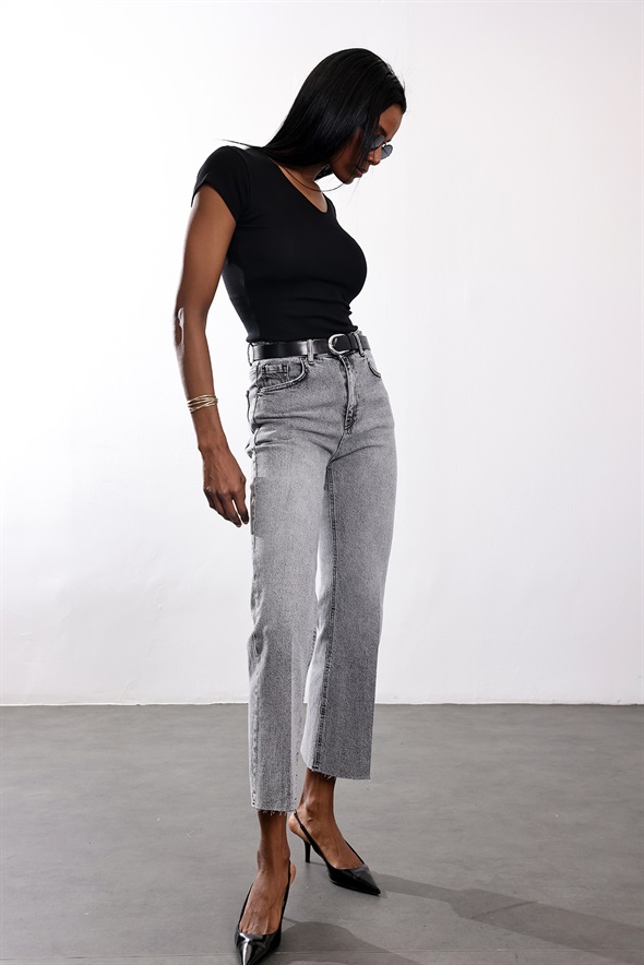Gri Yüksek Bel Mini Flare Jean 2005
