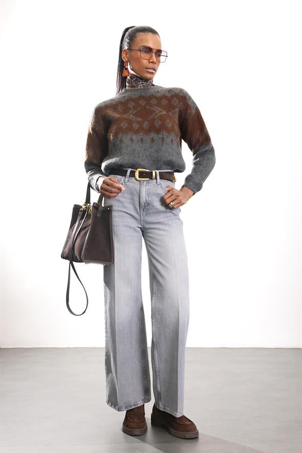 Gri Yüksek Bel Wide Leg Jean 