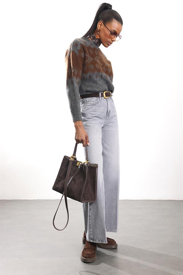 Gri Yüksek Bel Wide Leg Jean 