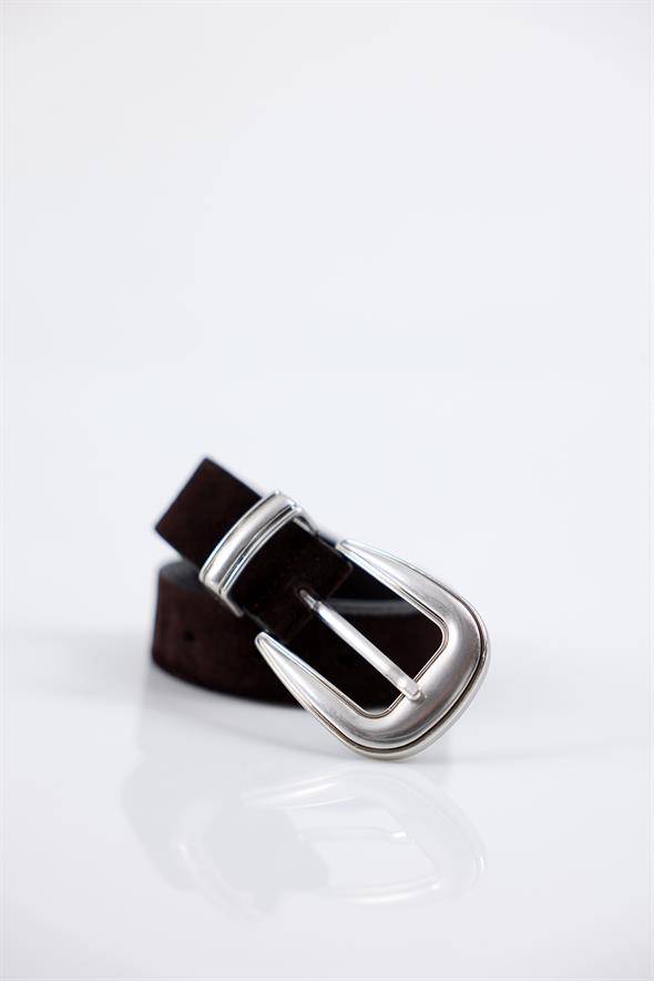 Gümüş Vintage Tokalı Acı Kahve Süet Kemer 