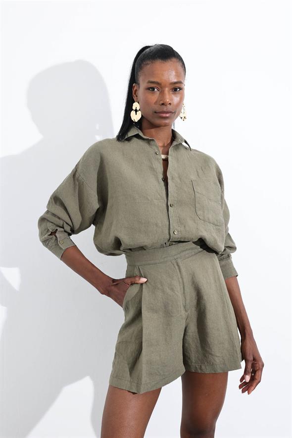 Haki %100 Keten Klasik Şort 