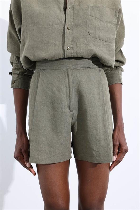 Haki %100 Keten Klasik Şort 