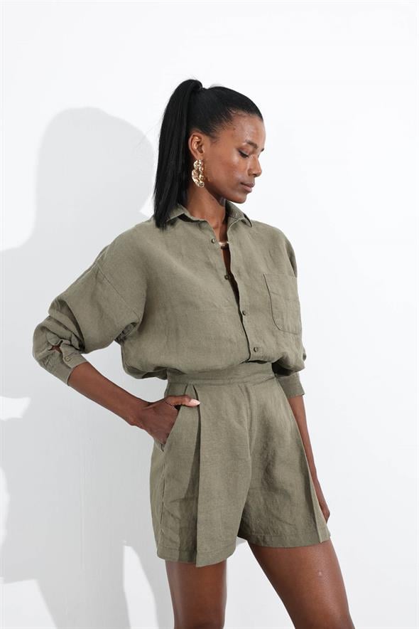 Haki %100 Keten Klasik Şort 