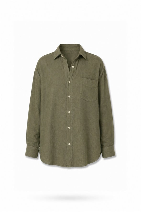 Haki %100 Keten Lino Oversize Gömlek 