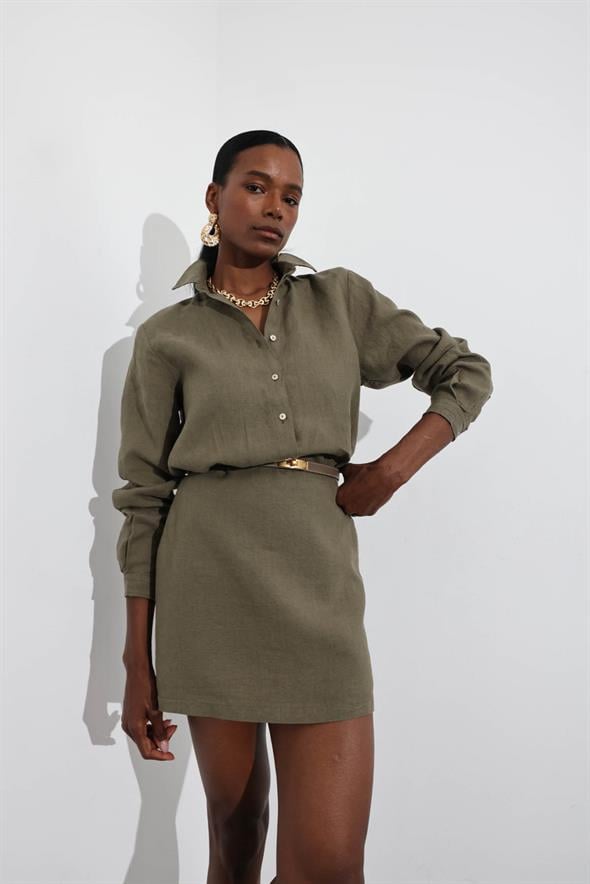 Haki %100 Keten Mini Etek 