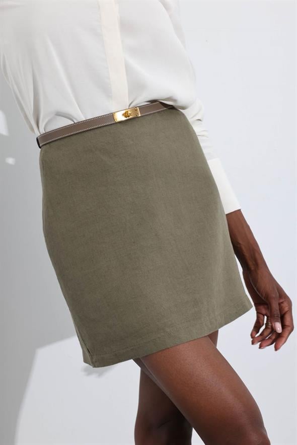 Haki %100 Keten Mini Etek 