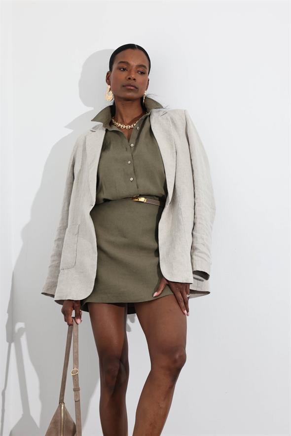 Haki %100 Keten Mini Etek 