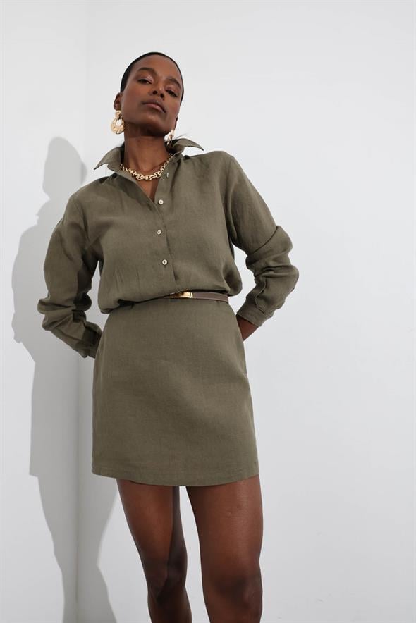 Haki %100 Keten Mini Etek 