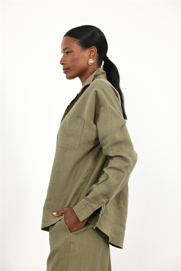 Haki %100 Keten Oversize Gömlek 