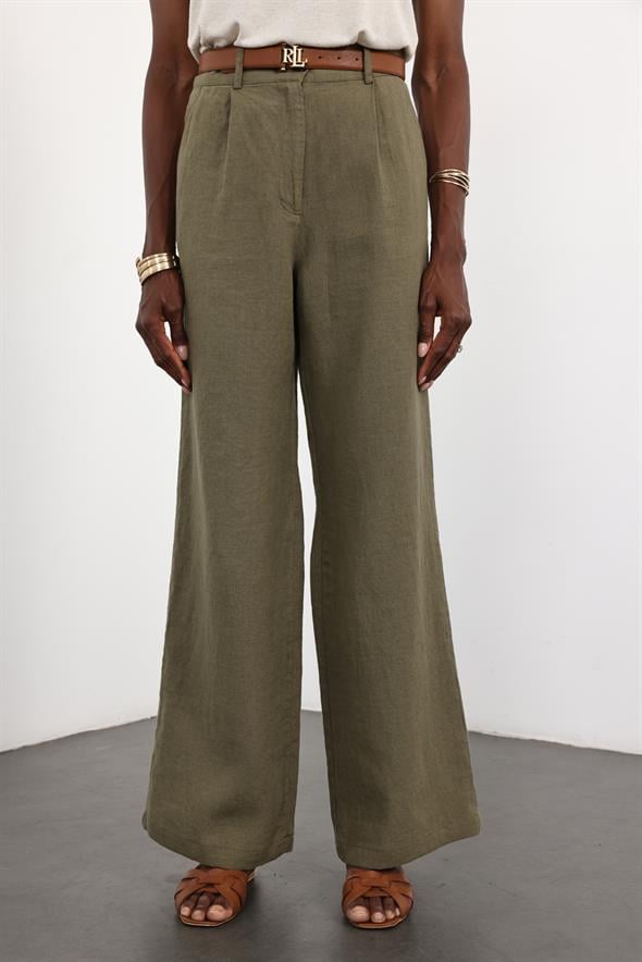 Haki %100 Keten Palazzo Pantolon 
